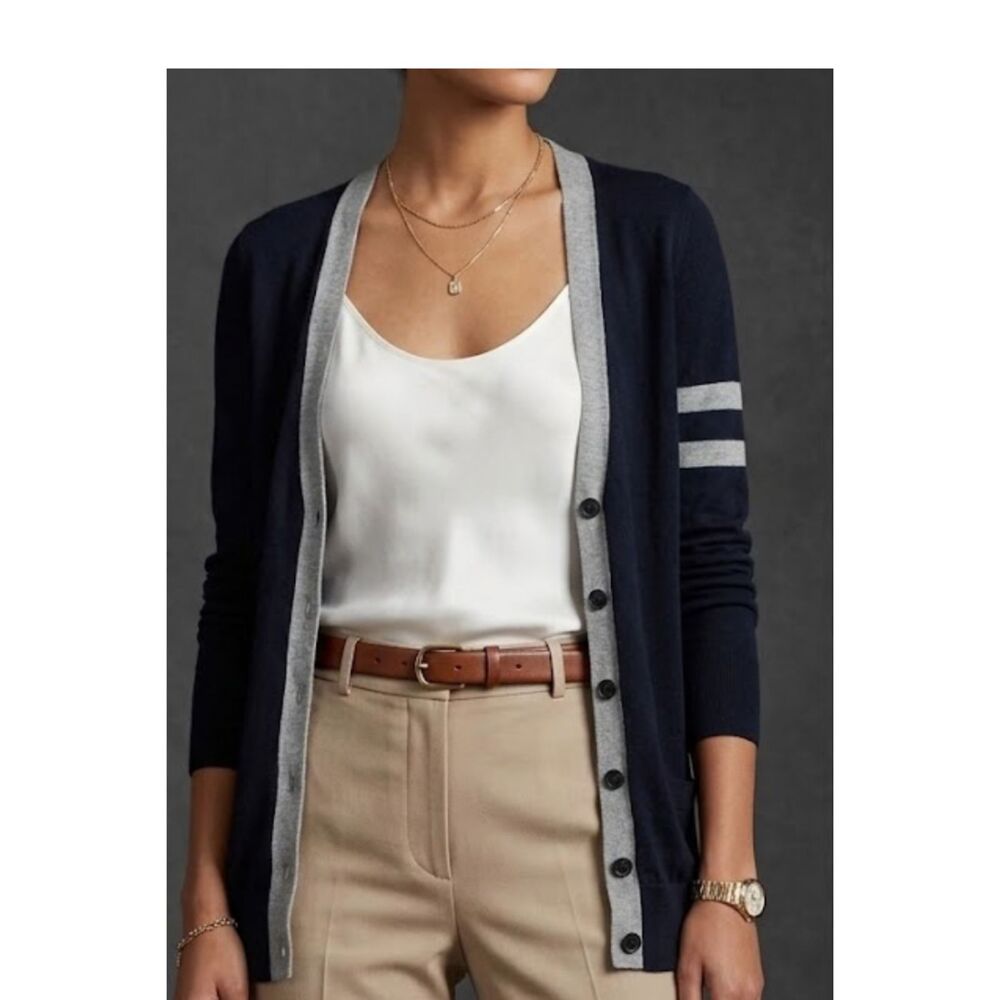 Vince Cotton Cashmere Striped V Neck Sweater Blue Gray XS